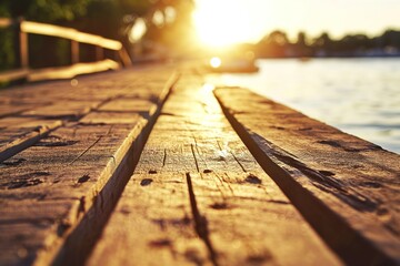 The setting sun casts a golden glow over a weathered wooden pier extending into a tranquil lake,...