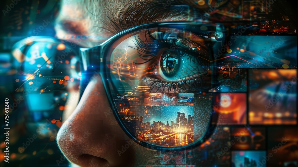 Wall mural A woman's face is shown through a pair of glasses with a cityscape in the background. The image is a collage of different pictures, giving the impression of a digital or futuristic world