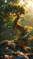 Majestic Tree Sculpture, Lush green forest setting, Land art piece symbolizing natures resilience, 3D render, Golden hour lighting, Vignette