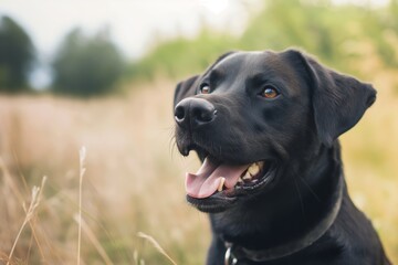 A close-up of a cheerful Black Labrador Retriever's face, with its tongue out in a sunny field,...