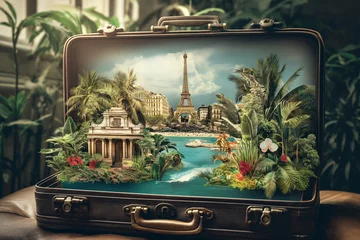 Foto op Canvas A vintage suitcase opens to a lush tropical paradise with iconic Eiffel Tower, symbolizing dream travel destinations. © cherezoff