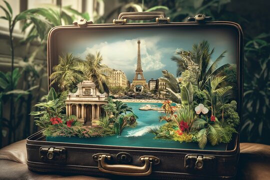 A vintage suitcase opens to a lush tropical paradise with iconic Eiffel Tower, symbolizing dream travel destinations.