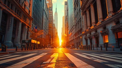 A city street with a large building in the background. The sun is setting and the sky is orange - obrazy, fototapety, plakaty