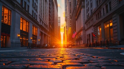 A city street with a large building in the background. The sun is setting and the sky is orange - obrazy, fototapety, plakaty