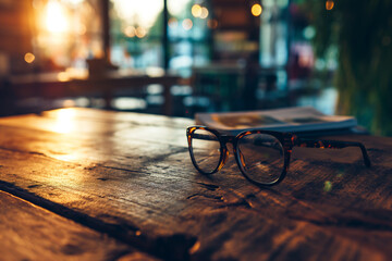 Evocative image of eyeglasses on a table with warm light suggests introspection and the pursuit of knowledge