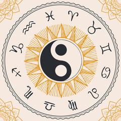 Vector circle of Zodiac signs with hand-drawn yin yang oriental symbol. Retro banner with horoscope symbols for astrological forecasts. - 775161631