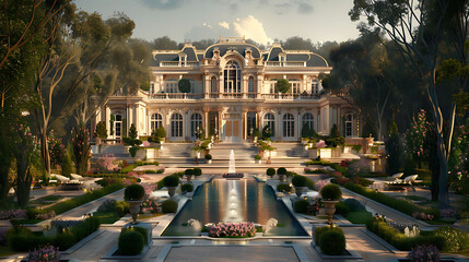 A palatial estate with sprawling gardens reminiscent of the grandeur of Versailles