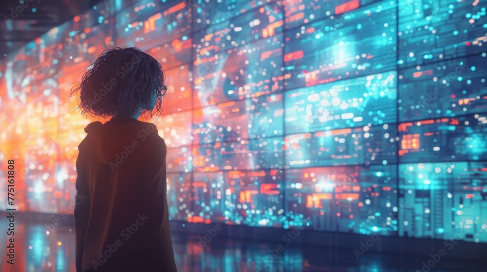 Poster a woman stands in front of a wall of computer monitors. the monitors are filled with bright colors a