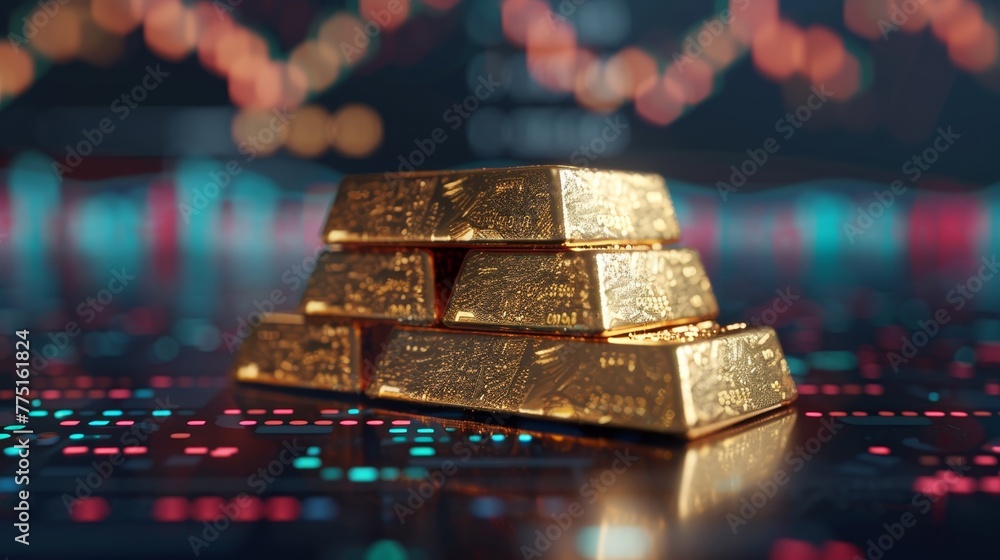 Poster a stack of gold bars on a table with a colorful background. the bars are shiny and reflect the light