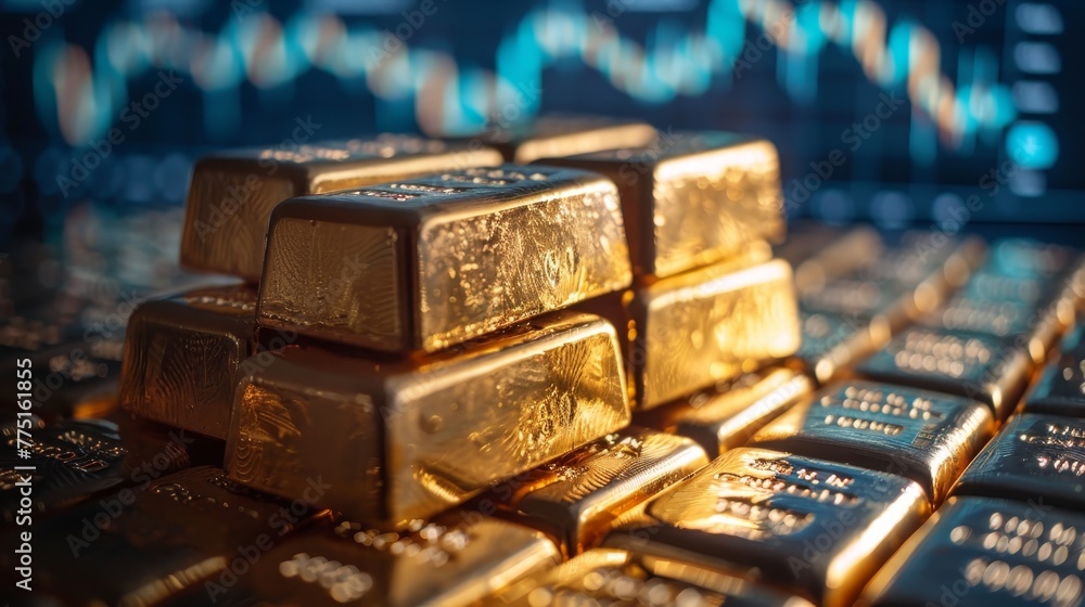 Poster a pile of gold bars are stacked on top of each other. the bars are all different sizes and are arran