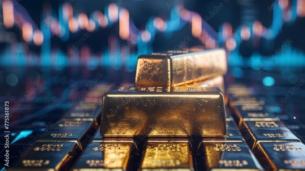 Poster two gold bars are on a table with many other gold bars. the bars are arranged in a way that they loo