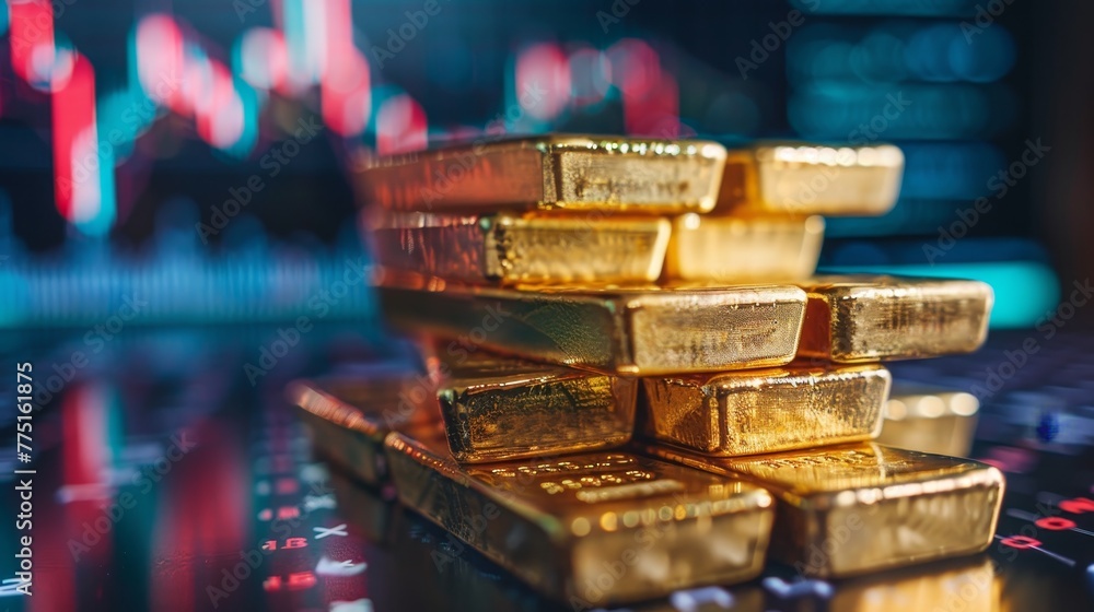 Poster a stack of gold bars is on a table with a graph behind it. the bars are piled on top of each other, 