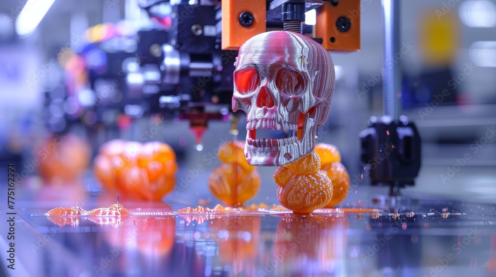 Poster a skull is being printed on a machine. the machine is surrounded by orange objects