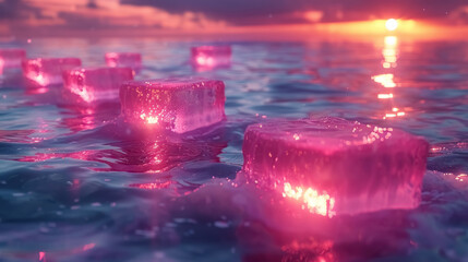 3D geometrical glowing pink ice cubes floating on tranquil ocean waters at sunset, abstract background - obrazy, fototapety, plakaty