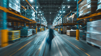 Obraz premium busy Warehouse with Workers Managing Inventory motion blur , busy workflow of hardware store emplyess group of worker in large 