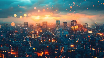 A city skyline at night with a bright orange sun in the background. The city is lit up with lights and the sky is filled with stars - obrazy, fototapety, plakaty