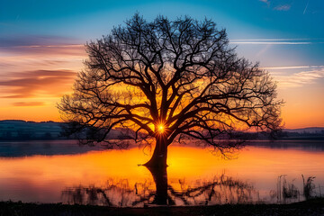 Serene Sunset Over Lake in Rural Scene with Big Tree Silhouette