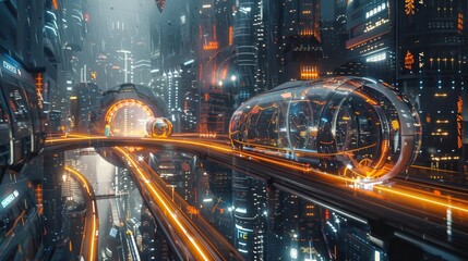 A futuristic cityscape with a train traveling through a tunnel. The train is surrounded by bright lights and neon signs, giving the impression of a futuristic, high-tech environment - obrazy, fototapety, plakaty