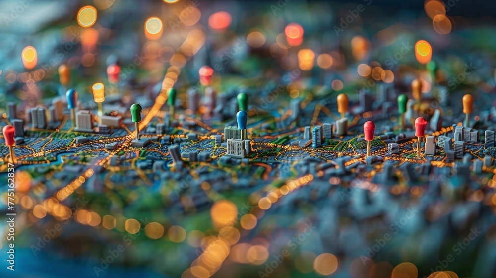 Poster a city map with many pins on it. the pins are of different colors and sizes. the map is blurry and h