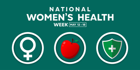 National Womens Health Week. Gender icon, apple and shield. Great for cards, banners, posters, social media and more. Green background. 