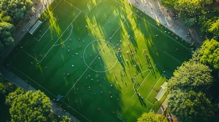 Vibrant aerial view of children s soccer game with enthusiastic parents at community park
