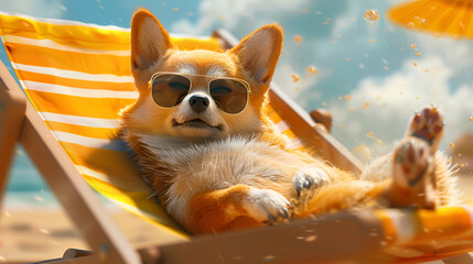 cute dog with sunglasses on the sand beach on a sunny day enjoying vacation. summer day at the sea ocean, ai generated