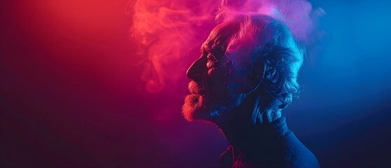 Silhouette of an elderly man with a neon smoke effect representing awareness for Parkinsons and Alzheimers diseases. Concept Silhouette Photography, Elderly Portrait, Neon Smoke Effect - obrazy, fototapety, plakaty