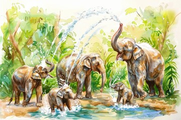 A playful watercolor scene showing elephants joining in the Songkran fun, spraying water joyfully