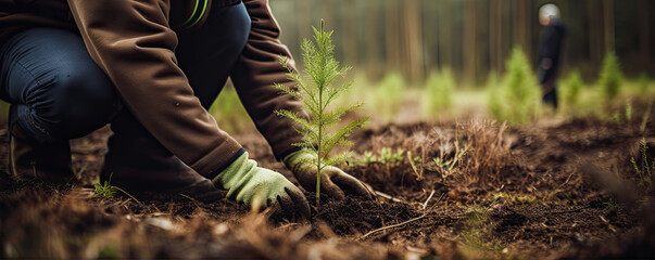 Planting young trees in forest. Forest restoration concept.