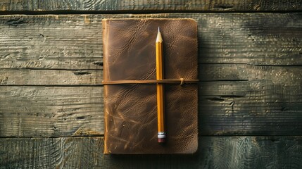 Vintage Leather-Bound Journal with Yellow Pencil on Rustic Wooden Background