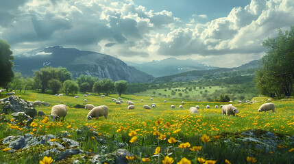 A peaceful countryside scene with grazing sheep and cattle - obrazy, fototapety, plakaty