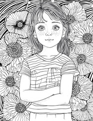 Beautiful little girl with big eyes. Different flowers. Black and white doodle coloring book page for adult and children.	