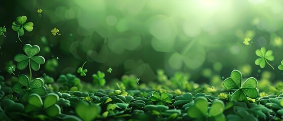 St Patrick's Day Banner with Four-Leaf Clovers, Green Theme, and Lucky Charm Elements. Concept St Patrick's Day, Four-Leaf Clovers, Green Theme, Lucky Charms, Banner - obrazy, fototapety, plakaty