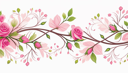 Horizontal Array of Pink Rosebud Vector Pattern with Seamless Design