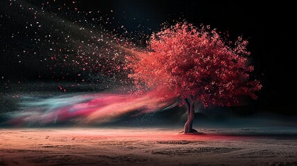 A tree made of colorful dust on a black background starts to be blown away by the wind - obrazy, fototapety, plakaty