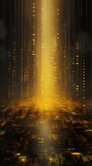 Yellow animation of glitched looping binary codes over fog-covered background pattern banner with copy space