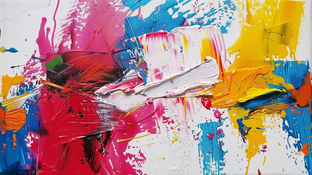 A Colorful Explosion of Paint Strokes and Splatters on Canvas