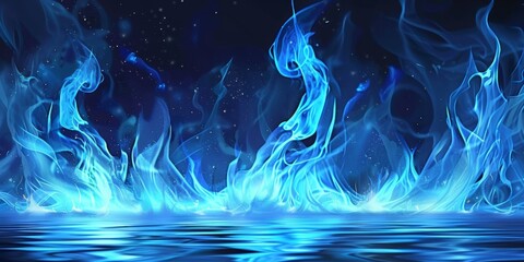 swirling flames, magic blue flames, anime style, blue flames flickering on top of water, marshland background - obrazy, fototapety, plakaty