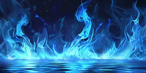 Foto auf Leinwand swirling flames, magic blue flames, anime style, blue flames flickering on top of water, marshland background © paisorn