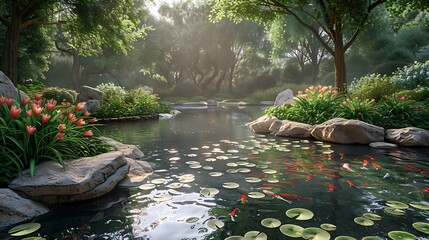A peaceful meditation garden with a tranquil koi pond