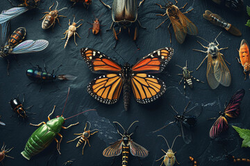 Insects of various types are located on a dark background, butterflies, beetles.