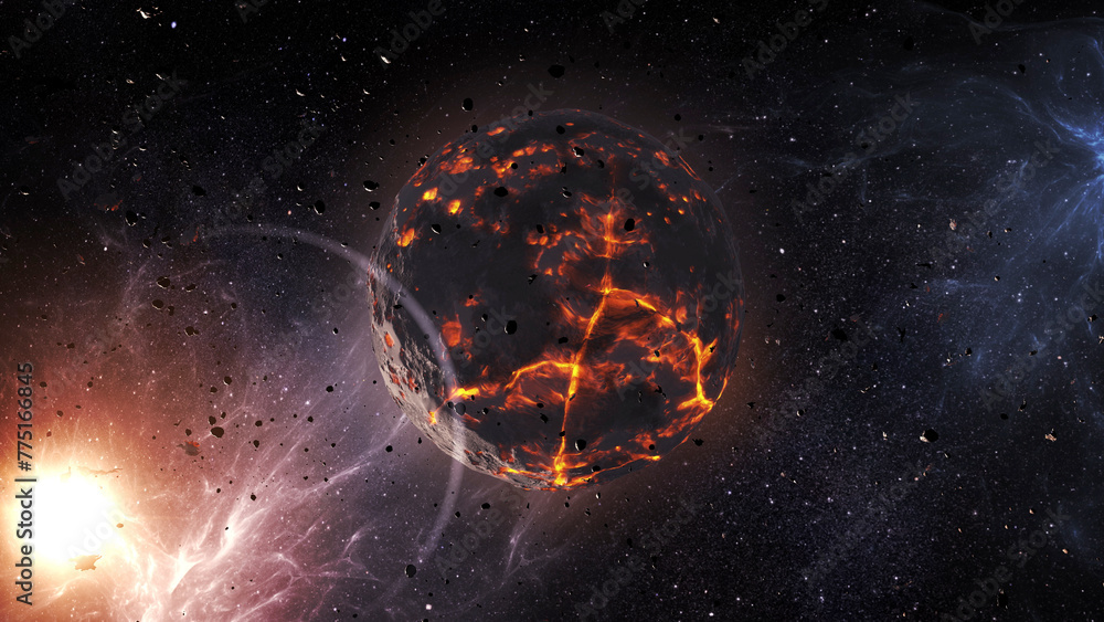Wall mural 3d rendering- dying planet with asteroids in deep space cinematic view of dead planet