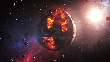 3d rendering- Dying planet with hot magma in deep space
Cinematic view of dead planet,4K. 2024
