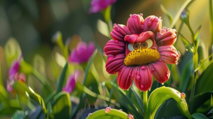 A cartoonish flower with a big, angry face is sitting in a field of flowers - 775166865