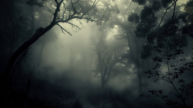 Black and white photo of forest, dark gloomy landscape, fog in the woods
