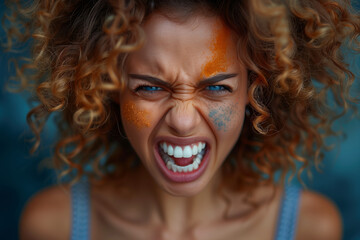 Fierce woman with curly hair making roaring face