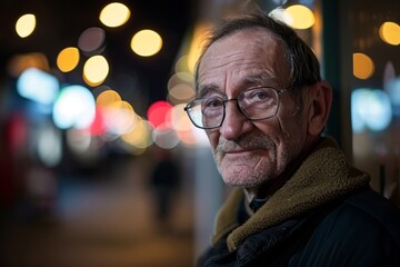 Portrait of an elderly man with glasses in the city at night