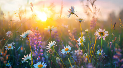 Obraz na płótnie Canvas Vibrant Wildflowers Greet the Morning Sun in Serene Nature Scene - Captivating Sunrise Backdrop, Spring flower