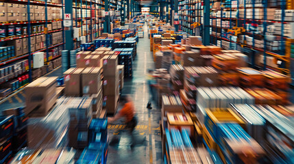 Obraz premium worker warehouse managing boxes in motion blur a distribution warehouse conveyor belt stretching across the scene, lined with neatly arranged cardboard box packages