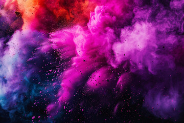 Colorful multicolored powder explodes. Holi celebration, bright colors of lilac, red, pink and...
